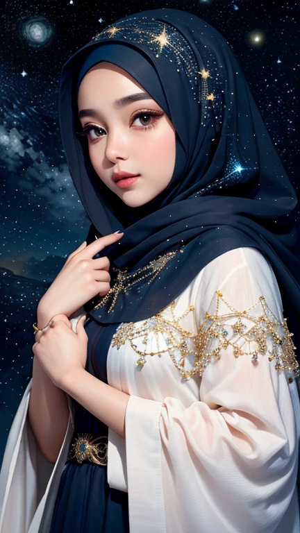 Create a gorgeous hijab girl in a stunning scene of starry night full of fireflies, she is like an angel, give more attention in a detail of face and hijab and finger.