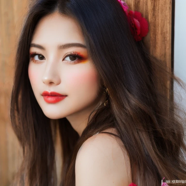 a woman with long hair and a flowered dress standing in front of a wall, lalisa manobal, bae suzy, inspired by Ma Yuanyu, ruan jia beautiful!, lalisa manoban of blackpink, sha xi, inspired by Huang Ji, she has black hair with bangs, cai xukun, full body xianxia, a still of an ethereal schoolgirl,（（ 8k)), sakimichan, anna nikonova aka newmilky, cute , thighhighs and skirt, 🌺 cgsociety, amouranth, with pale skin,（ 4 k ）with red lipstick and a candy cane, red contacts, red contact lenses, wide golden eyes and red lips, faint red lips, red and green tones, ((red)) baggy eyes, light-red lips, green and red tones, perfect face ), big eyes and lips, red lipstick on face, amouranth, close up face