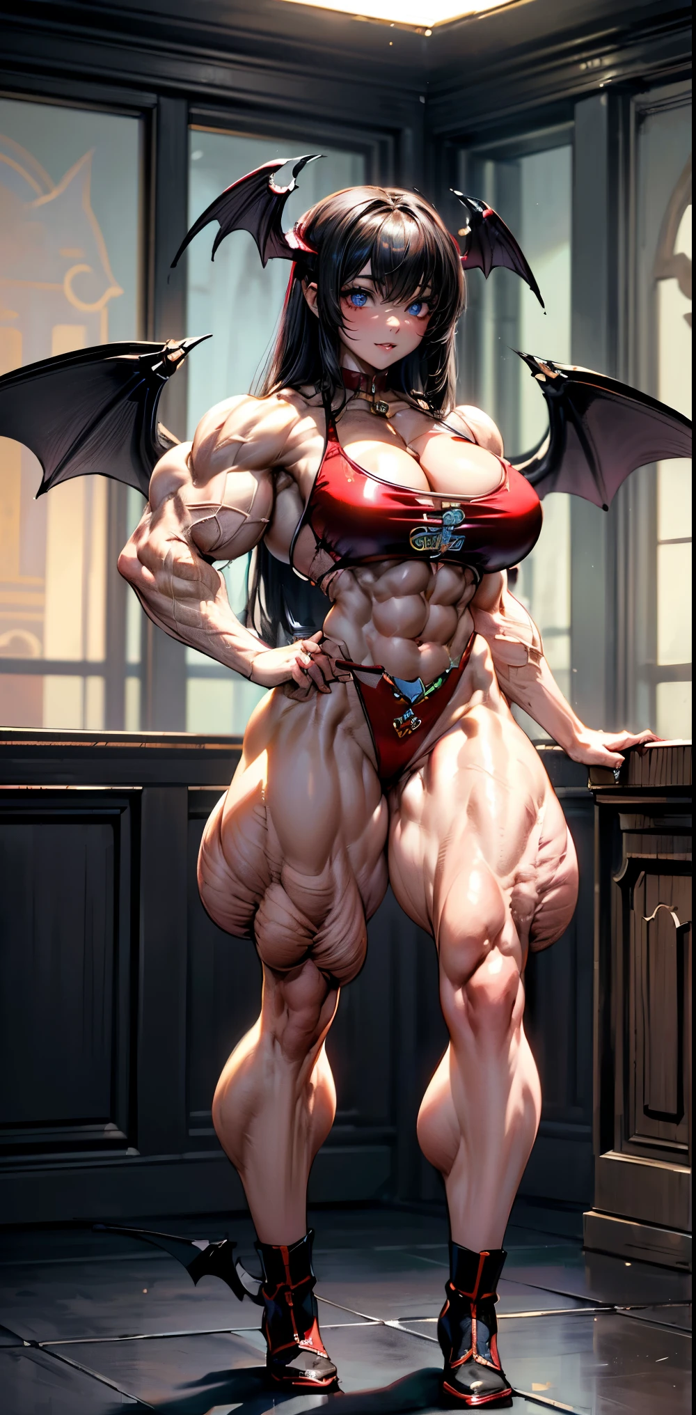 (Optimal lighting) , (Extremely complex and detailed) , 4k unity, (Super detailed CG: 1.2) , (8k: 1.2),(Original), (masterpiece) , (best quality),(masterpiece:1.4),Anime-like high quality,(masterpiece),masterpiece, Ultra-clear image quality,Clearer than,(Delicate face)best quality, absurd,((Master of Peace, 4K, 8k, Yes, high resolution))1个girl, Female students,,(beautiful bass),((Bodybuilder:1.5))(girl),(miss),(((whole body:1)))whole body,(((whole body:1)))whole body,boots,Smile(((((Long legs)))))(((((Red-eyed vampire)))))(((((In the dark,Bat Wings,Beast horns)))))(((((The smile is dark and weird)))))