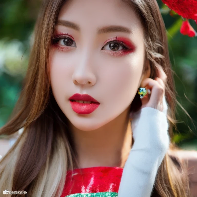 a woman with long hair and a flowered dress standing in front of a wall, lalisa manobal, bae suzy, inspired by Ma Yuanyu, ruan jia beautiful!, lalisa manoban of blackpink, sha xi, inspired by Huang Ji, she has black hair with bangs, cai xukun, full body xianxia, a still of an ethereal schoolgirl,(( 8k)), sakimichan, anna nikonova aka newmilky, cute , thighhighs and skirt, 🌺 cgsociety, amouranth, with pale skin,( 4 k )with red lipstick and a candy cane, red contacts, red contact lenses, wide golden eyes and red lips, faint red lips, red and green tones, ((red)) baggy eyes, light-red lips, green and red tones, perfect face ), big eyes and lips, red lipstick on face, amouranth, close up face