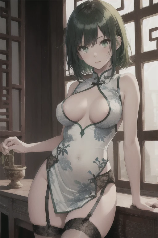 fubuki, 1girl, solo,, green eyes, medium hair, green hair, High resolution, adult woman , good lighting, despicable, , (No nudity), (((China dress))), (()), ((())), (garter belt), abdomen only, (),  ,  cute face, I&#39;m embarrassed and blush, humiliating, ((turn around and look back)), ((See-through))()(T-back)(a large amount of  is on the body,) green hair, short hair, green eyes, heart shaped lips, painted red lips. 