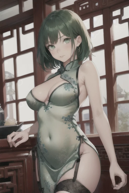 fubuki, 1girl, solo,, green eyes, medium hair, green hair, High resolution, adult woman , good lighting, despicable, , (No nudity), (((China dress))), (()), ((())), (garter belt), abdomen only, (), , cute face, I'm embarrassed and blush, humiliating, ((turn around and look back)), ((See-through))()(T-back)(a large amount of is on the body,) green hair, short hair, green eyes, heart shaped lips, painted red lips.