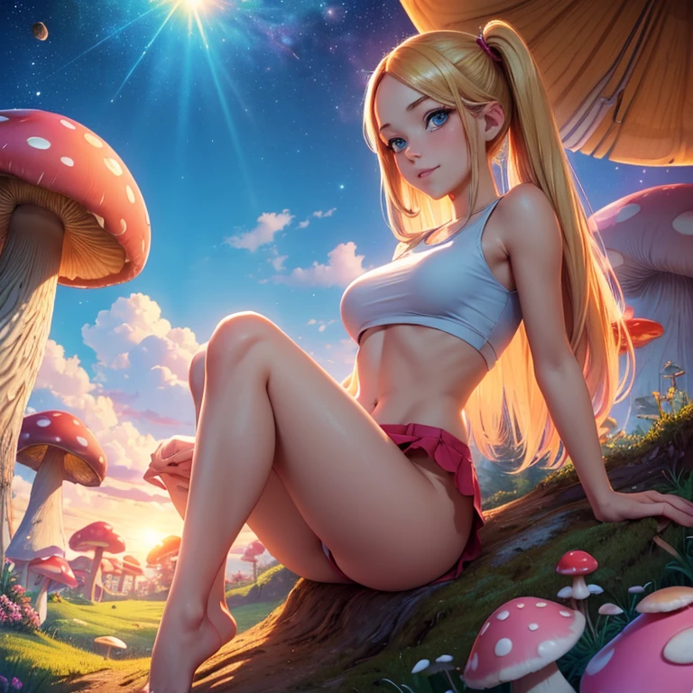 (masterpiece, best quality:1.4), (8K), Young blonde beauty, (((18 years old, neat girl))), detailed blue eyes, long eyelashes, blush, kind smile, horny, upper body, shcool uniform crop top, underboob, small ass, slender thin legs, pink skirt, (looking at viewer), beautiful blonde hair, white-skinned, long hair, straight bangs, pigtails, (medium size breasts), (mushroom forest, colorful mushrooms, celestial forest, beautiful and magnificent pink sunshine, majestic sky), colorful natural light)