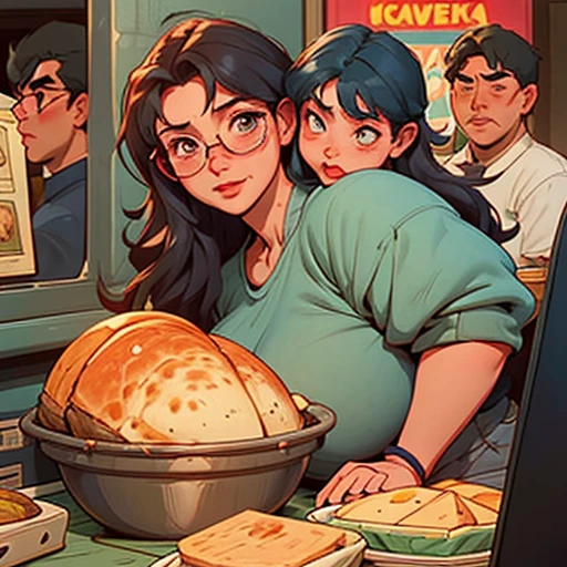 a comic page about a two headed 24 year old fat woman adjusting to life with her 40 year old mother as her second head clearly on vomiting onto the floor as she eats a huge dinner using only her mother’s head in public.