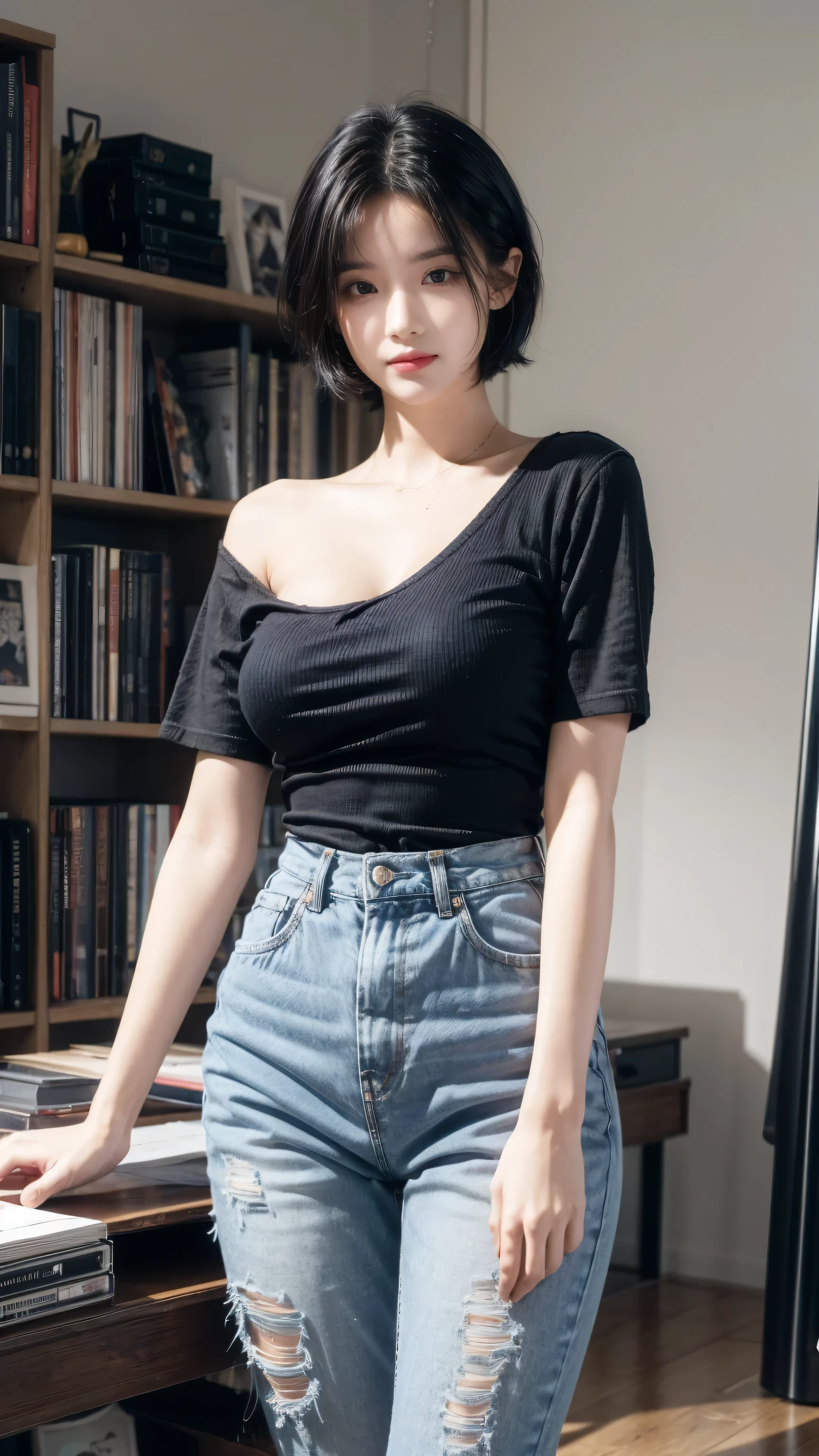 best quality, 1 Girl, ((Looking at the audience)), dark blue hair, black eyes, Very short hair, Spiky hair, Ahog, t-shirt, High waist jeans, 171 cm, Messy hair, Hair between the eyes, Medium breasts, Large Breasts, full, Dark Skin, Tomboy, aldult, 20 years old, 1 Girl, Solitary, only, Grin, Wide hips, thigh, permanent, The room is messy, bedroom, shelf, DVD, books, video games, , CD, Vinyl Records, VHS tapes,