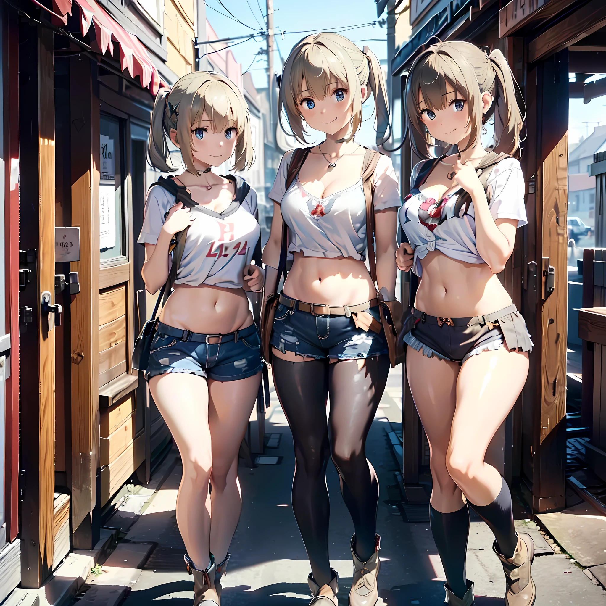 ((masterpiece, best quality, ultra quality, high quality, hyper detailed, intricate detailed, perfect anatomy, shiny skin, cowboy shot,)), (3 women:1.5), cute women are posing for a camera, (At a Japanese hot spring) , (Lifting SHIRT:1.3), (open your mouth and laugh:1.3), ray tracing, ((tits)), (small nipples), nipples, breasts, hair band, headband, hair bobbles, blouse, shirt,  (line up in a row),  talents、134 years old、1 Asian, Weste hair, brown hair, blond hair, navel, jewelry, looking at viewer, necklace, long hair, short hair, (abs),(Depth of the bounds written), panties,