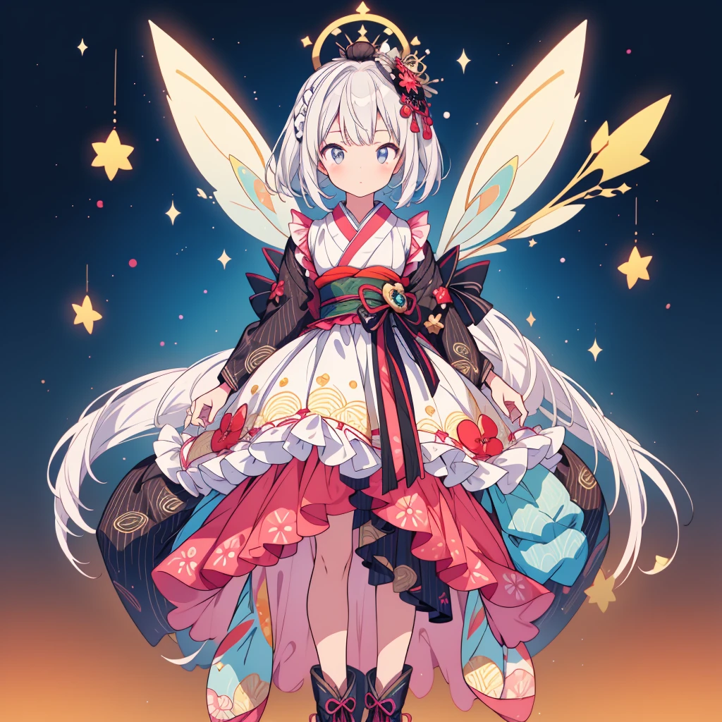 highest quality、8K,handsome face、vtuber-fullbody、A picture of the front straight towards the viewer、Star Fairy、Full body front portrait、front、1girl,highest quality、masterpiece、official art、Super detailed、super beautiful、Cute Star Fairy、white hair straight short、Milky Way、universe、star charm、star、baby face、Knee-high boots、Japanese pattern dress、A beautiful girl wearing black and white clothes that are a remake of a yukata.、Oiran frill dress reminiscent of universe、Colorful portraits
