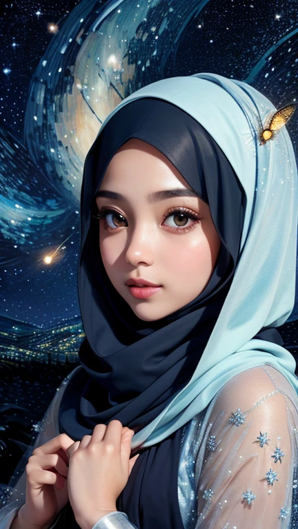 Create a gorgeous hijab girl in a stunning scene of starry night full of fireflies, she is like an angel, give more attention in a detail of face and hijab and finger.