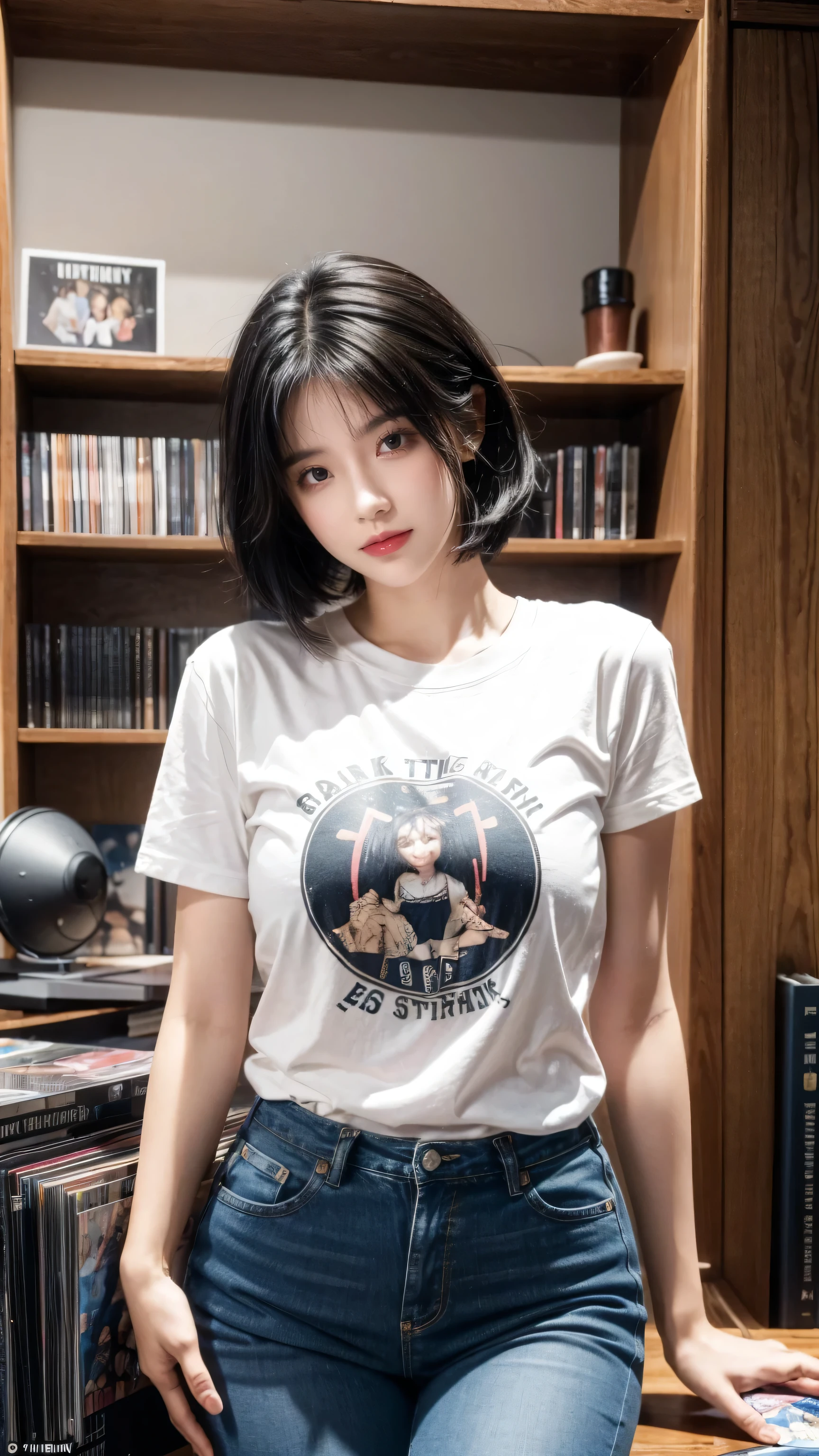 best quality, 1 Girl, ((Looking at the audience)), dark blue hair, black eyes, Very short hair, Spiky hair, Ahog, t-shirt, High waist jeans, 171 cm, Messy hair, Hair between the eyes, Medium breasts, Large Breasts, full, Dark Skin, Tomboy, aldult, 20 years old, 1 Girl, Solitary, only, Grin, Wide hips, thigh, permanent, The room is messy, bedroom, shelf, DVD, books, video games, , CD, Vinyl Records, VHS tapes,