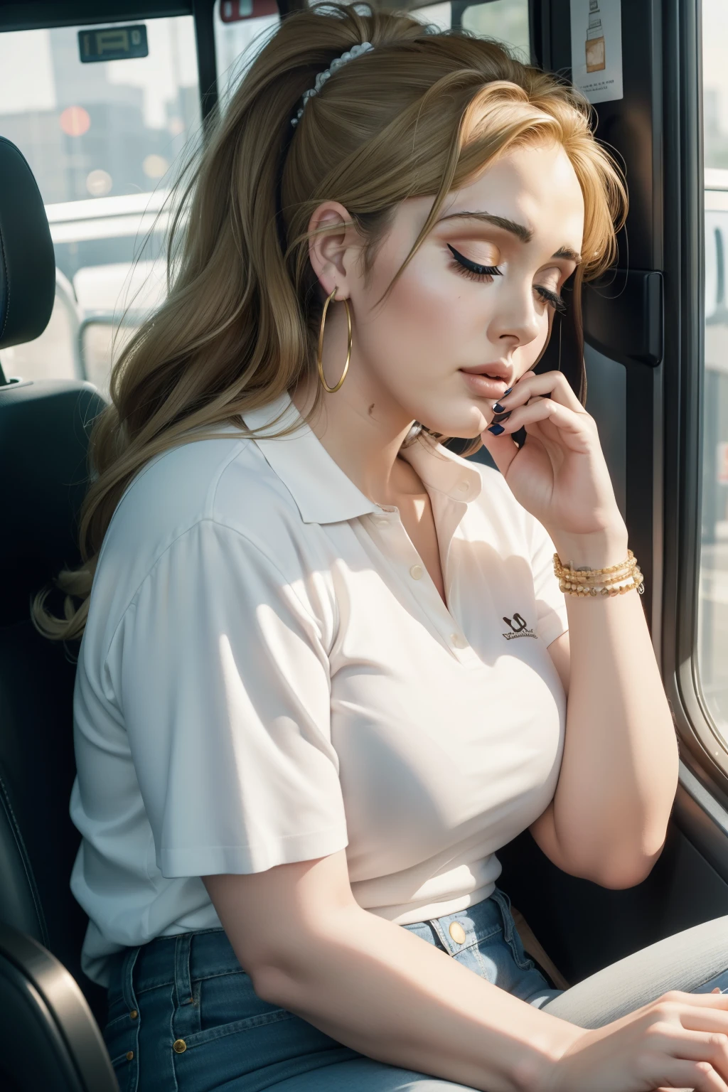 1 beautiful woman, large body, beautiful young woman, eyes closed, white polo shirt with neckline and gold embroidery, Latina woman, face made up, eyes closed, long eyelashes, black hair, hair tied up in a tail, short ponytail, made up eyelids, Long blue jeans, white sneaker, colored eye shadow, eyeliner, hoop earrings, eyelids outlined with makeup, open mouth, brown bag, asleep on the bus, hands resting on her thigh, pearl bracelet on her wrist, asleep with her mouth open, asleep leaning against the final seat of the bus, sitting on the side of the bus window, her mouth open, looking out the window, nodding, Lucy Pinder, ((FAce portrait)), ((ADele)),