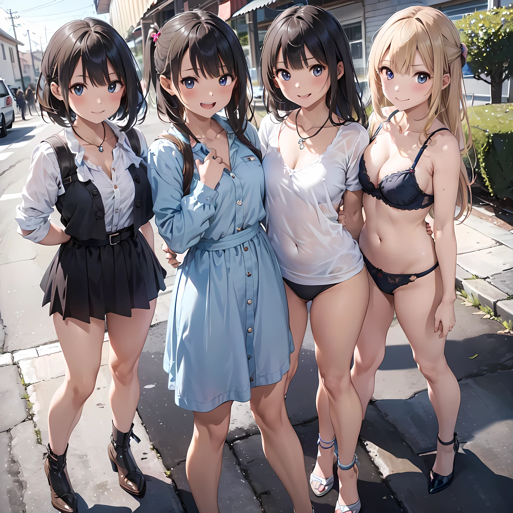 ((masterpiece, best quality, ultra quality, high quality, hyper detailed, intricate detailed, perfect anatomy, shiny skin, cowboy shot,)), (3women are posing for a camera),  (In the schoolyard)、  (Laughing with your mouth open:1.2),  (Stand in line) ,  brown hair, blond hair, navel, jewelry, looking at viewer, necklace, long hair, short hair, (Abdominal muscles), (Depth of written boundary), panties,