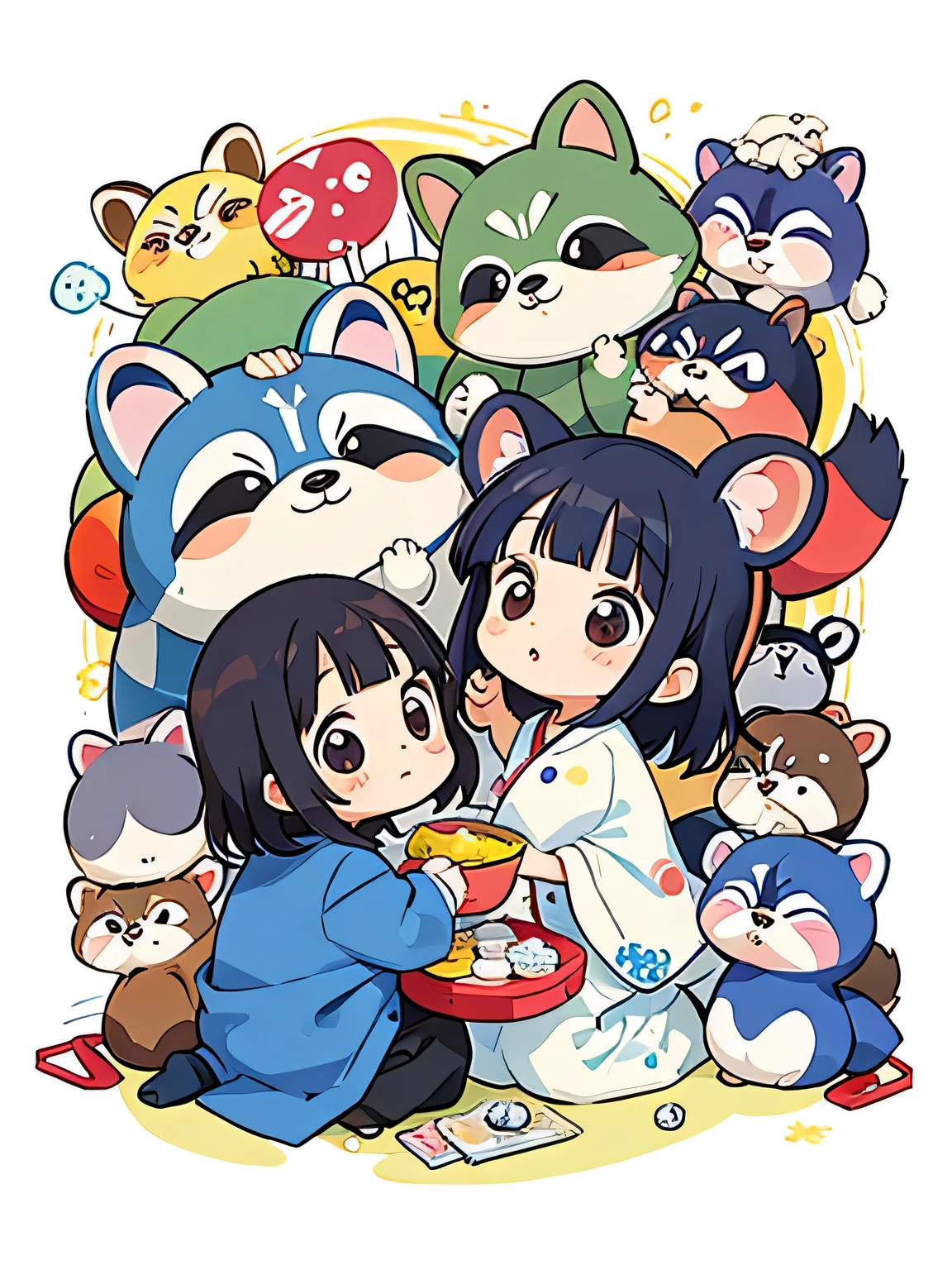 Takashi Murakami style, Kawaii Design, Chibi, playing together、Lots of cute raccoons、Playing with raccoon dogs