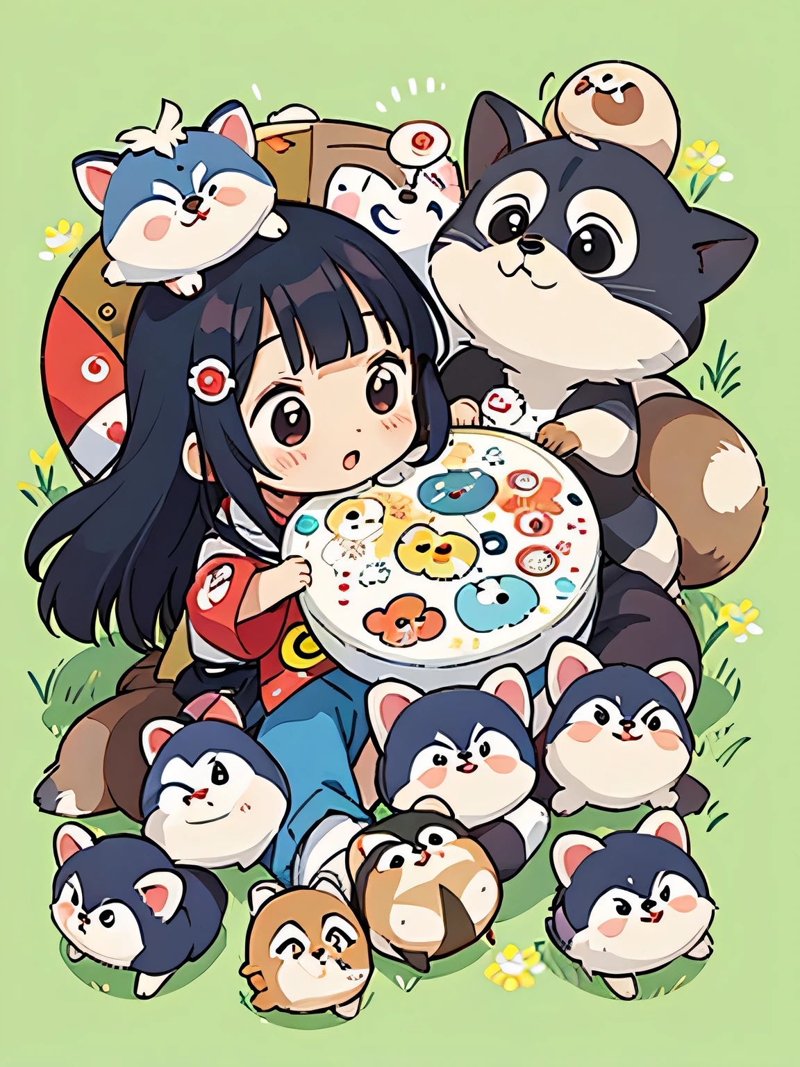 Takashi Murakami style, Kawaii Design, Chibi, playing together、Lots of cute raccoons、Playing with raccoon dogs