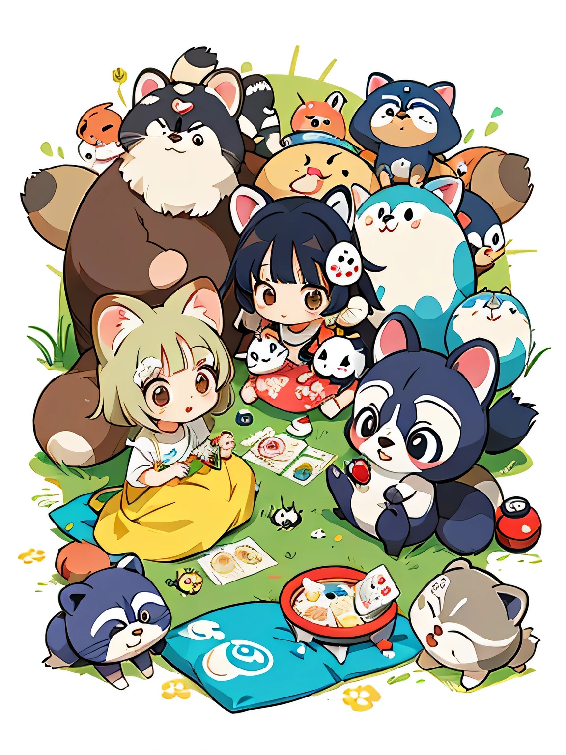 Takashi Murakami style, Kawaii Design, Chibi, playing together、Lots of cute raccoons、Playing with raccoon dogs