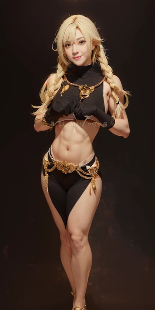 (black background 1:2) 1girl full body standing, nice ass, Hairstyle with a braid, white colored hair, yellow eyes, perfect lighting, muscular, thighs, Mature woman, mummy, bellybutton, abs, looks at the viewer (masterpiece, high quality: 1.1) smile, extremely huge breasts, Maternal, porcelain skin, extra very long hair, sparkly skin, good face, chest cover