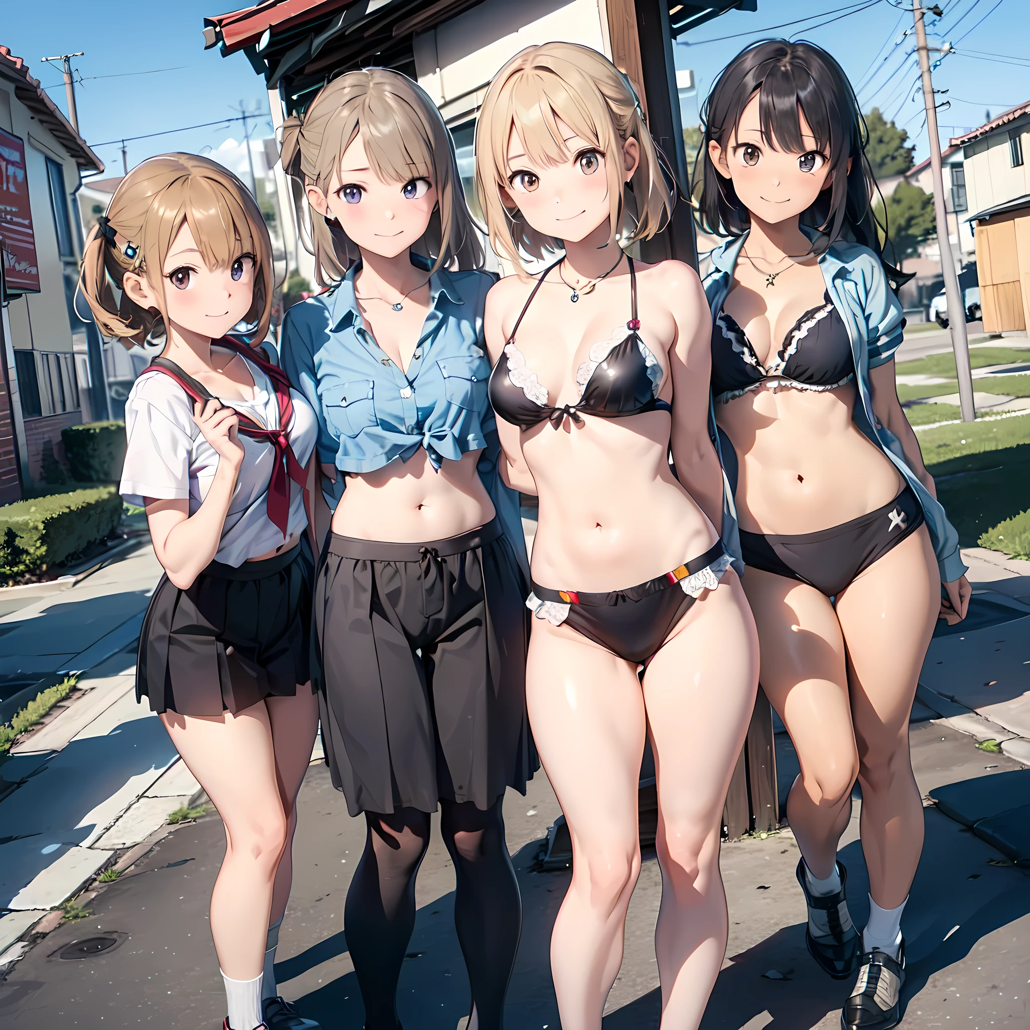 ((masterpiece, best quality, ultra quality, high quality, hyper detailed, intricate detailed, perfect anatomy, shiny skin, cowboy shot,)), (3 women:1.5), cute women are posing for a camera, (At a Japanese hot spring) , (Lifting SHIRT:1.3), (Laughing with your mouth open:1.3), Ray Tracing, ((tits)), (Small nipples), nipples, breasts, hair band, Headband, hair bobbles, blouse, shirt,  (Stand in line), 12 talents、13 Talents、14 years old、15 years old、 Asian, Westerner, brown hair, blond hair, navel, jewelry, looking at viewer, necklace, long hair, short hair, (Abdominal muscles),(Depth of written boundary), panties,