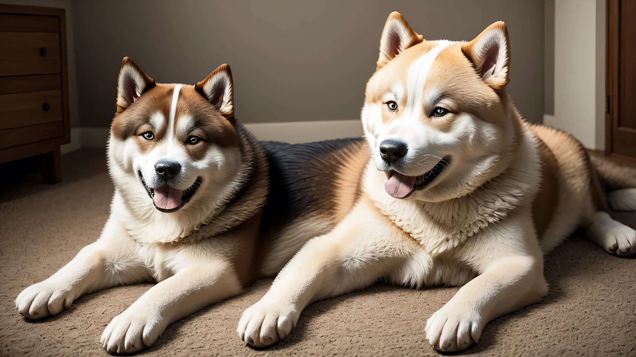 Akita dog,Lie down and show your belly,high resolution,full-blown,Cinematic