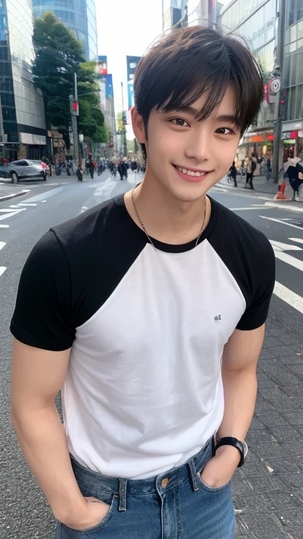 highest quality, Very detailed, High resolution, 8k, Handsome 20 year old boy,Fine and beautiful eyes,Black Hair ,smile,White T-shirt,Denim pants,Location: Shibuya