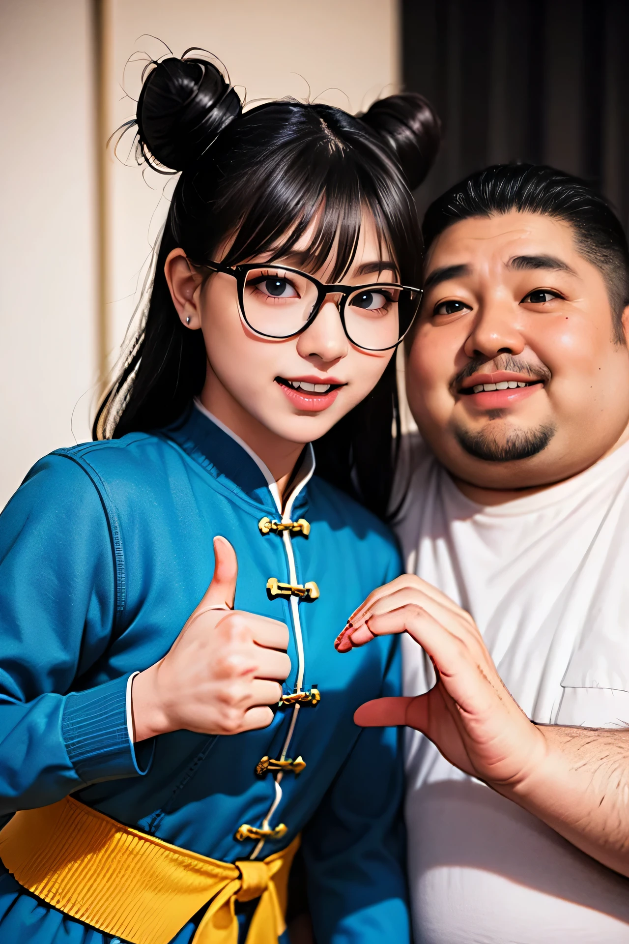 IncrsHHFail, heart hands duo, crowd,Comiket Venue BREAK, 1girl, Chunli,Blue Chinese Dress,Bun Hair,Adult women,Chunli Cosplay Woman,Slender women,
BREAK, 1boy, jacket, smile,Only men wear glasses,Fat Otaku Men,(Fat man:1.5)