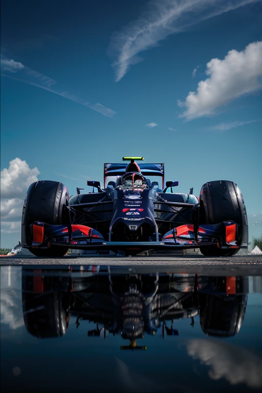 Formula 1, F1, photo of the Redbull racing team,  on a white reflective surface, Infinite horizon, light blue background with clouds, swirling ink in water, neon colors, (photorealistic:1.2), cinematic lighting, detailed, 4k, 8K, SLR camera, 50 mm, HASSELBLAD X2D