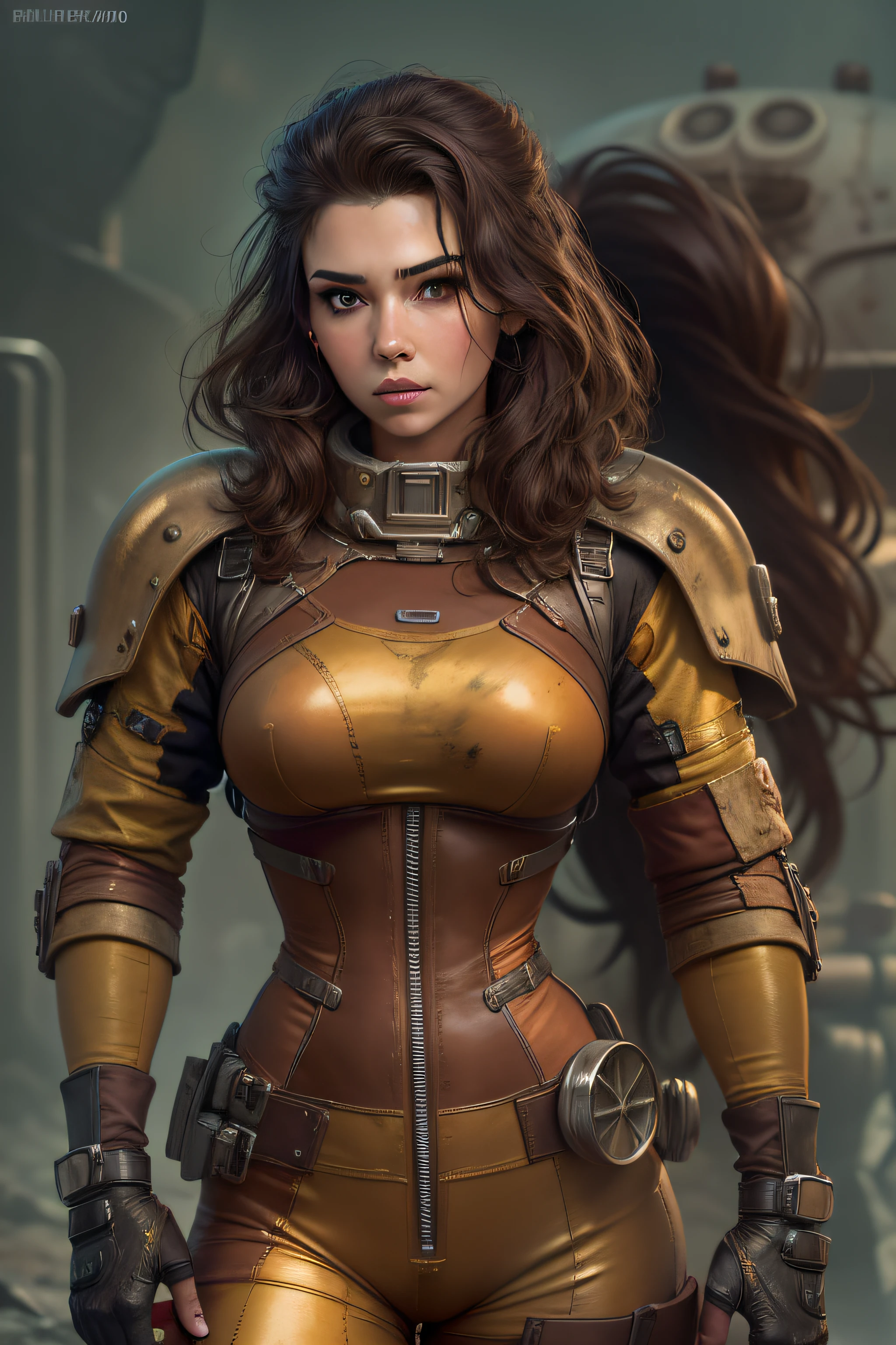 fotorrealista, high resolution, 1 mulheres, Sozinho, quadris para cima, olhe para o visualizador, (rosto detalhado), cabelo castanho escuro, Cabelo longo, Fallout Vaultsuit pipboy3000, metallic gold