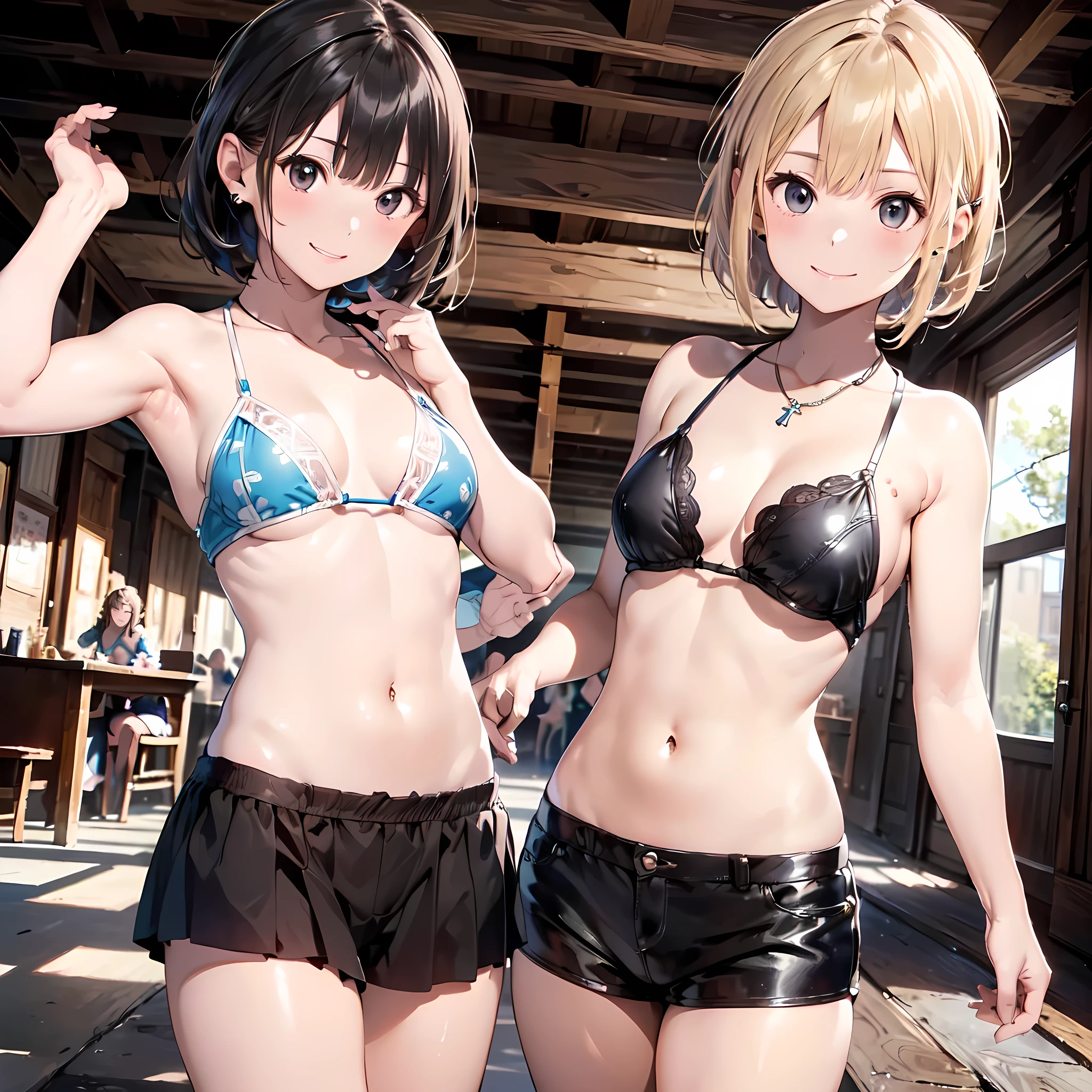 ((masterpiece, best quality, ultra quality, high quality, hyper detailed, intricate detailed, perfect anatomy, shiny skin, cowboy shot,)), (3women are posing for a camera), (Laughing with your mouth open), brown hair, blond hair, navel, jewelry, looking at viewer, necklace, long hair, short hair, Abdominal muscles,