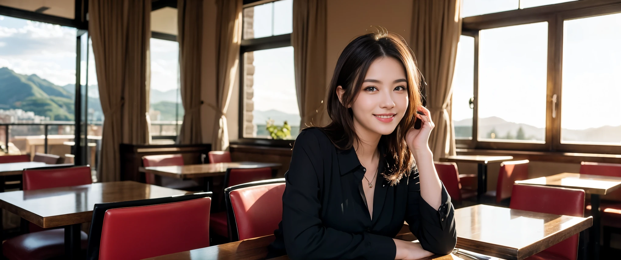 ((highest quality、8k、masterpiece:1.3))、Sharp focus:1.2、Beautiful woman perfect body:1.4、slimなボディ、((Bob Hale、Straight hair:1.2))、(to be born, highest quality, masterpiece:1.5), (Realistic, Intricate details:1.2), Ultra-high resolution, Please shine a light on my face、Amazing view of the sunset sky and clouds、Amazing mountain views、ニコニコ明るいsmile、wine glass、red wine 、Appetizers、Italian food、Wine bottle、Champagne、sparkling wine、, Beautiful Face, blue eyes, The light shines on your face, Blushing, short hair,Bright Face、Fox face、 (36 years old), 39 years old, Lady、Two beauties、Brown Hair、Shortcuts、Long sleeve shirt、dress、Pretty Woman 1, (slimな顔), (The body is slim), (Brown Hair), (Shortcuts), cheeks turn a little red,Attractive beauty、, Out of the window, A beautiful and detailed night view unfolds.........., restaurant, In a prominent place (From the waist up) Nova Frog Style, actress, model, Upper Body, White wine, slim, wine glass, 真ん中に置かれたwine glass, smile, (smile: 1.15), Beautiful fine grain, Depth f/2,saturation, High Contrast, Strong light and shadow,Moist Body:1.5、3D texture、Delicate eyes、Brown Hair、The hair is very shiny、