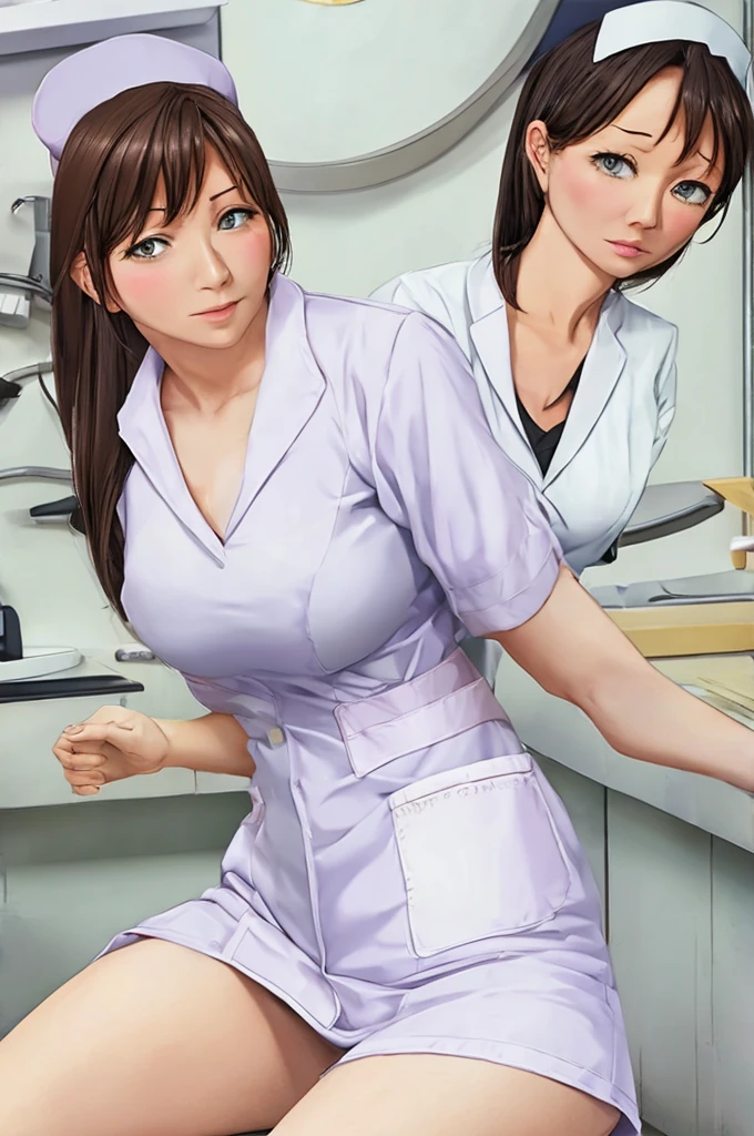 nurse uniform,hospital, latex nurse suit,nurses,busty,elbow gloves,labcoat,dark green hair woman,white eyes , gigantic ,medical instruments,asian nurse,two nurses,speculum,examination room,oversize ,big ass ,strap on, lay on table ,legs spreaded,giving birth,gyno chair , dentist,Milf,latex,green uniform