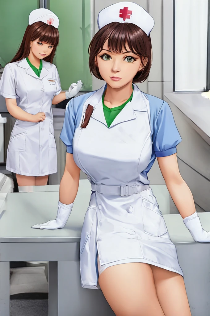 nurse uniform,hospital, latex nurse suit,nurses,busty,elbow gloves,labcoat,dark green hair woman,white eyes , gigantic ,medical instruments,asian nurse,two nurses,speculum,examination room,oversize ,big ass ,strap on, lay on table ,legs spreaded,giving birth,gyno chair , dentist,Milf,latex,green uniform