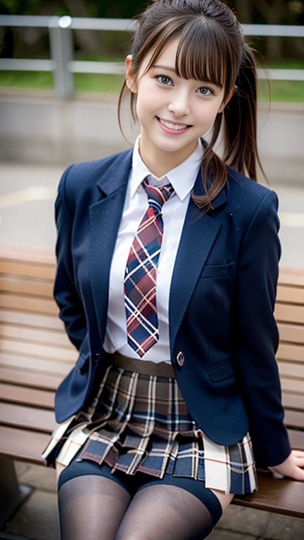 (8k), (highest quality: 1.2), (Realistic), (Realistic: 1.37), Ultra-high resolution, 1 girl, cute, smile,blue eyes, Mouth closed, Beautiful details, Beautiful Nose, Wet Hair, Giant Dulcefo, pork, Thighs,Self Snap,University uniform,sunny day,I can see the ocean in the distance,sitting on a park bench,Downward,From above,(Simple light brown blazer 1),(dark brown pleated skirt),Dark red bow tie,(The pattern of the skirt and tie is a tartan check pattern....:1.3),Thighs,Knee-high tights,Thighsにクローズアップ,Young and cute gravure idol,