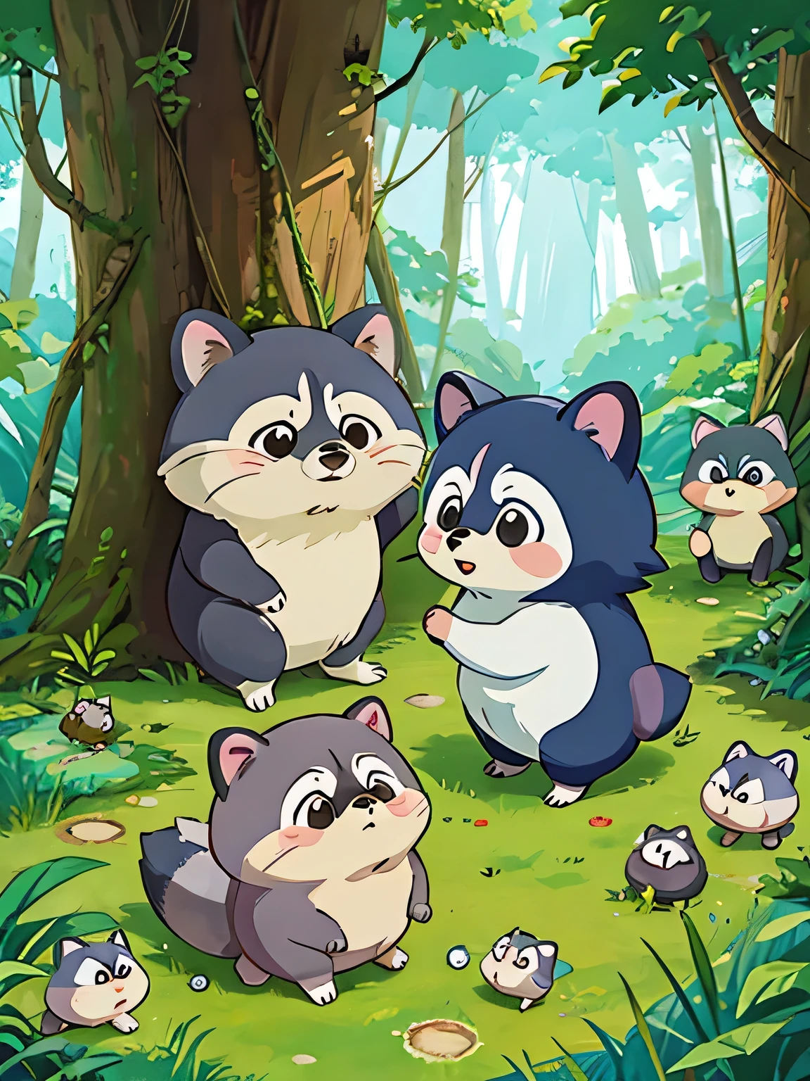 hayao miyazaki style, Kawaii Design, Chibi, playing together、Lots of cute raccoons、Playing with raccoon dogs、Totoro Forest