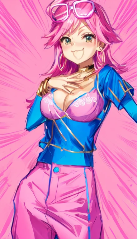 A smug narcissistic pink haired woman wearing a pink bra and blue pants and lots of jewelry flaunting herself