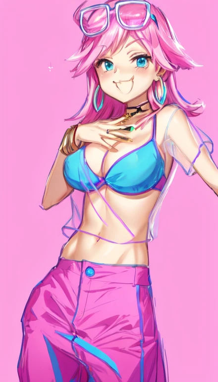 A smug narcissistic pink haired woman wearing a pink bra and blue pants and lots of jewelry flaunting herself