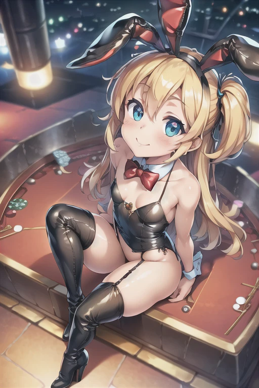 (masterpiece), (highest quality), (figure), (Very detailed), (High resolution), (8k), One Woman, Small breasts, Blonde color hair, Sholo Hair, Blue colored eyes, Very cute girl, , delicate, she, Charming smile, Green Eyes, Bright Eyes, Vivid eyes, cute, Thighs, Waistline, cute顔, delicateな腕, Beautiful Eyes, Looking up, Casino Venue, night, Laughing with your mouth open, ((Bunny girl)), ((Leather thigh-high boots)), (garter belt), (Fake rabbit ears head dress),