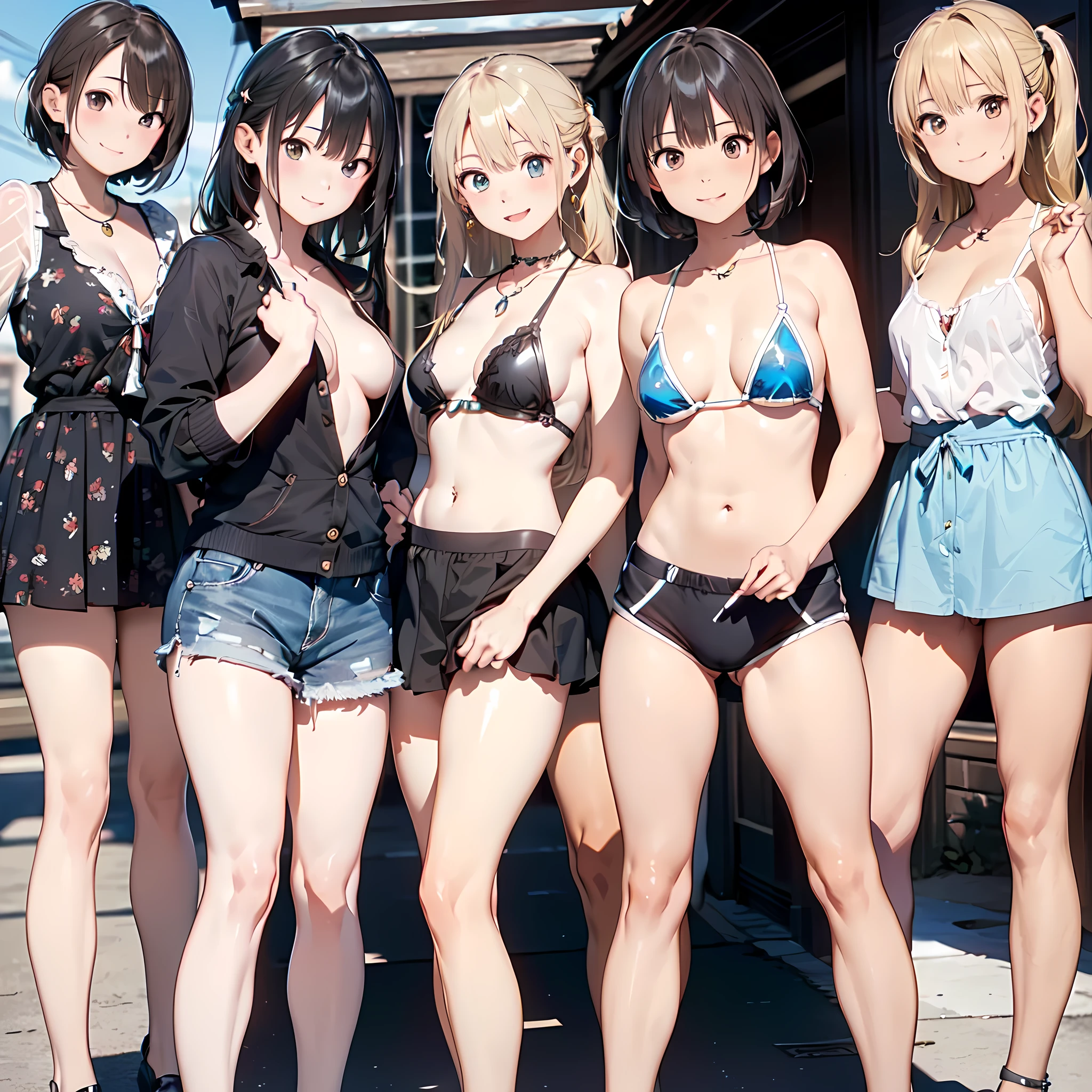 ((masterpiece, best quality, ultra quality, high quality, hyper detailed, intricate detailed, perfect anatomy, shiny skin, cowboy shot,)), (3 women:1.5), cute women are posing for a camera, (At a Japanese hot spring) , (Lifting SHIRT:1.3), (Laughing with your mouth open:1.3), (slender:1.1), (Small nipples), nipples, breasts, hair band, Headband, hair bobbles, blouse, shirt,  (Stand in line), 12 Talents、13 Talents、 Talents、15rown hair, blond hair, navel, jewelry, looking at viewer, necklace, long hair, short hair, (Abdominal muscles),(Depth of written boundary), panties,