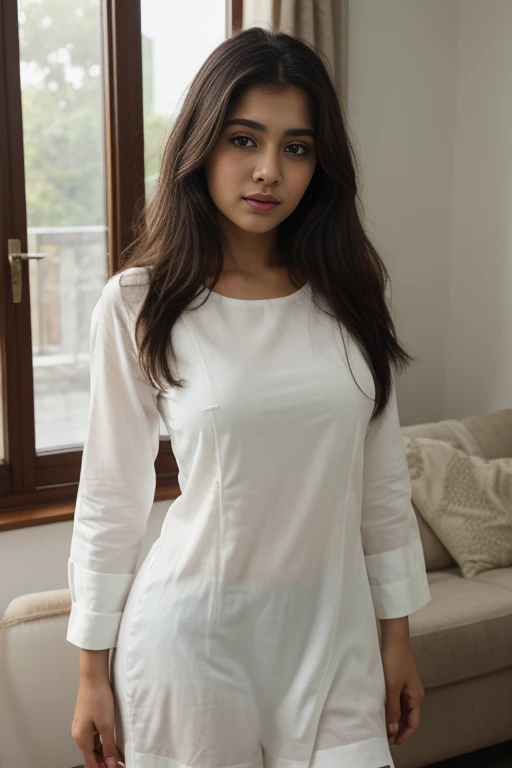 ((best quality)), ((masterpiece)), (detailed), perfect face
((best quality)), ((masterpiece)), (detailed), perfect face, ((best quality)), ((masterpiece)), (detailed), perfect face, Amazingly beautiful 20 years old bengali girl in white transparent kurti , beautiful kurti, in living room, in morning, sunlight , natural light,curvy body , beautiful, open hair, masterpiece, uhd, best quality, shot with nikon 70 mm lens, realism, masterpiece,, sexy pose, , very fair skin, standing, full photo, posing like a super model