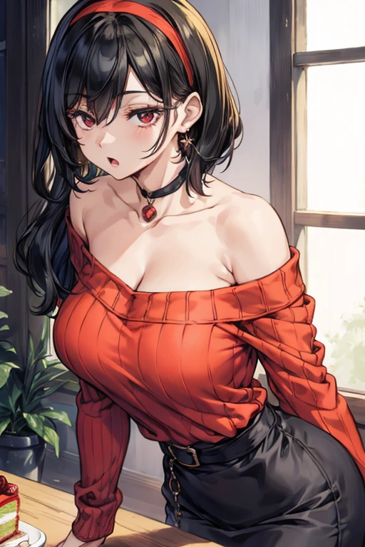 masterpiece, yor, 1girl, Amazing Cleavage:1.3, thin waist, big ass, Raised sexy, medium breast: 1.8 posed cleavage:1.2、solo, looking at viewer, open mouth, have a cup of orange juce,black hair, red eyes, dress, bare shoulders, jewelry, collarbone, sidelocks, hairband, earrings, indoors, off shoulder, :o, sweater, arms behind back, plant, short hair with long locks, white hairband, off-shoulder dress, sweater dress, off-shoulder sweater, red sweater, big side hair, very long side hair,is rendered in (masterpiece: 1.2, best quality), with (ultra high resolution) and an exquisite (depth of field). This masterpiece is not only visually stunning but also tells, make of cake cooking ,in the kitchen