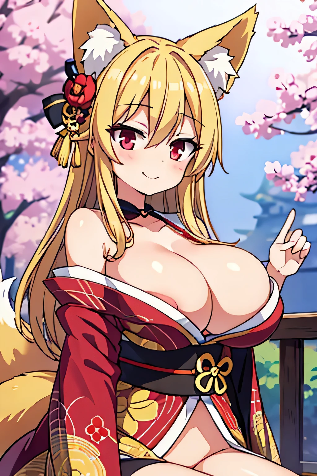 highest quality、Big Breasts、Cleavage、Fox ears、Long blonde、Red Eye、kimono、smile