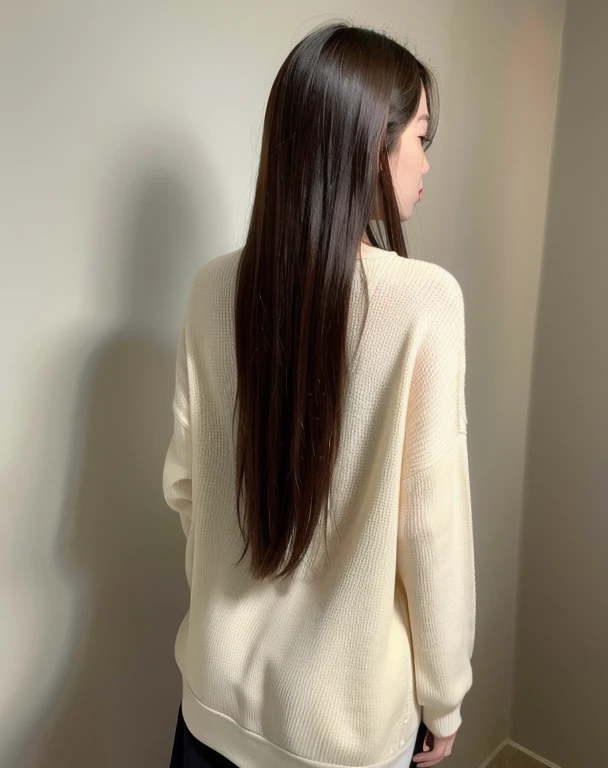 Long Hair、Back view、Long sleeve、In front of the white wall,high resolution