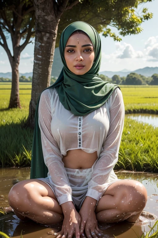 (best quality,realistic,highres:1.2), Aishwarya Rai with hijab lying on muddy paddy rice field,wet body soaked,wearing bra and mini skirt,huge breast,wet and dirty hijab,mesmerizing eyes,sincere smile,peaceful atmosphere,green and golden-tinged color palette,soft sunlight illuminating the scene,vibrant green paddy rice,reflective water puddles around the woman,cloudy sky in the background,muddy texture on the ground,detailed expression of the woman's face and body,subtle wind blowing on the hijab and skirt,graceful pose of the woman,calmness and tranquility in her gaze,harmony with nature,majestic presence of the woman amidst the rural landscape,subtle hint of the woman's confident personality,serene and inviting ambiance.
