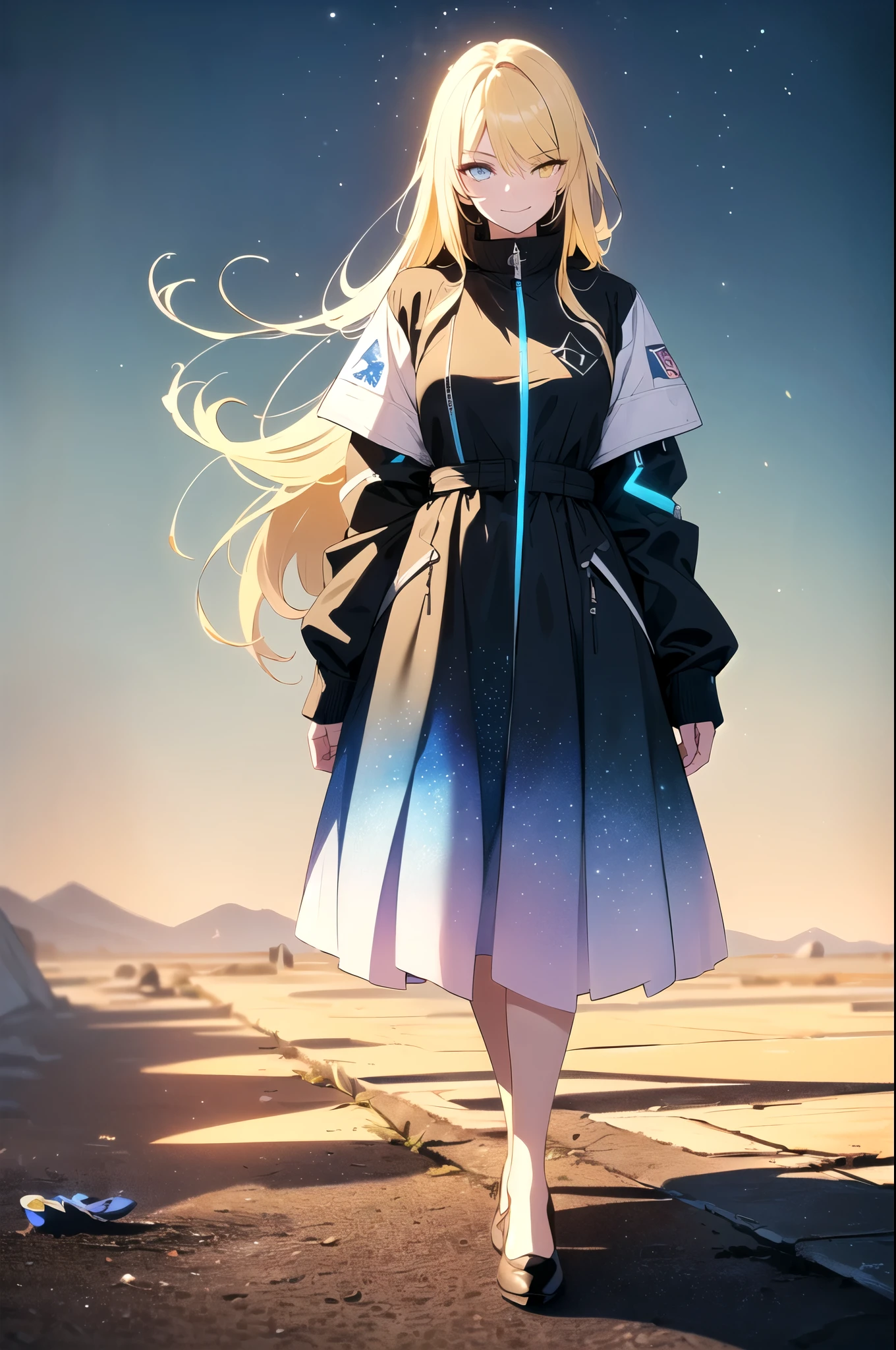 (blonde hair, very long hair, sidelocks), (eyes with a mix of yellow and blue irises:1.5), two-tone eyes, multicolored eyes gradient eyes, white and blue jacket with constellation prints, (best quality,4k,8k,highres,masterpiece:1.2), ultra-detailed, portraits, (HDR:1.1), (vivid colors:1.1), (studio lighting), (bokeh), (highly saturated colors), (soft lighting), (detailed background), (subtle shadows), (ethereal glow), (pastel color palette), (delicate details), (sublime beauty), (feminine charm), (crisp focus), (fine brushwork), (impeccable craftsmanship), (emotional depth), (captivating storytelling), (intriguing narrative), (impressive realism), (exceptional artistry), (masterpiece-worthy), (awe-inspiring), blonde hair, very long hair, sidelocks, (eyes with a mix of yellow and blue irises:1.5), (two-tone eyes:1.5), multicolored eyes (gradient eyes:1.5), white and blue jacket with constellation prints, metallic skirt, (smug:1.5), (smirk), naughty face, mischievous, futuristic clothing, science fiction setting, high-tech, glowing eyes, (unicursal hexagram-shaped irises), (full body:1.5)