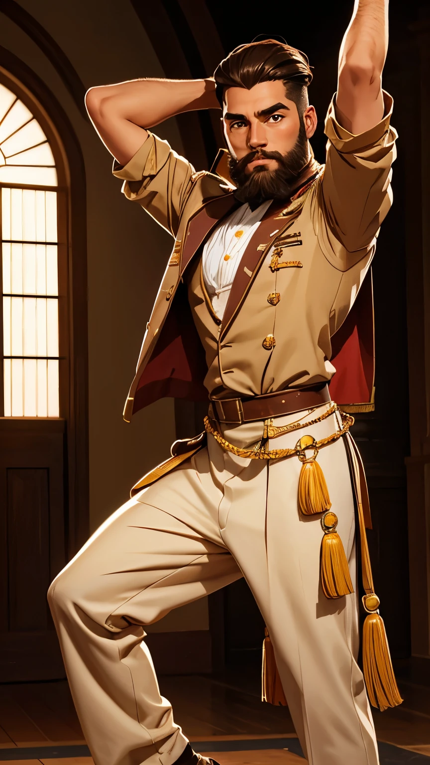 Create a man with a slightly brown beard., piel clara, Latino, desde el frente, con alta calidad, medium brown hair, light brown eyes, en el estilo de la danza caporal de Bolivia.