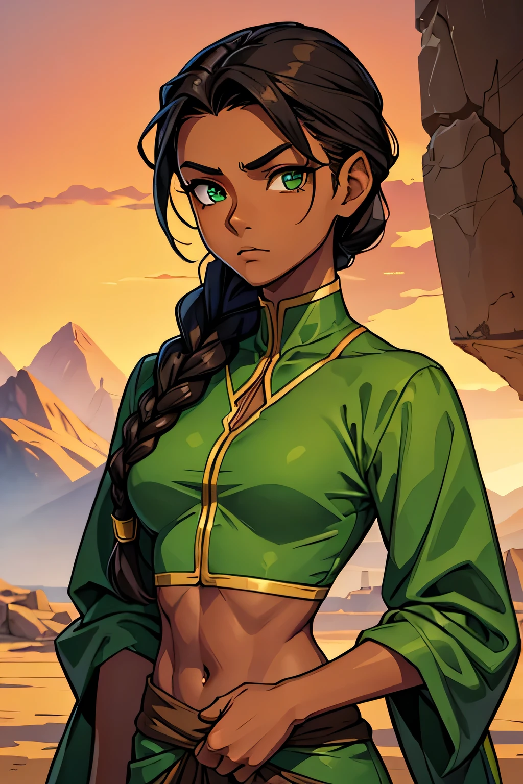 Earthbender human woman with tanned skin. She is a 16-year-old teenager with green eyes and green clothing. Her hair is brown in a just ONE braid. She is beautiful and her skin is dark in color. Her skin is slightly dark. Earthbender. Tsundere face. Beatifule and elegant large clothes