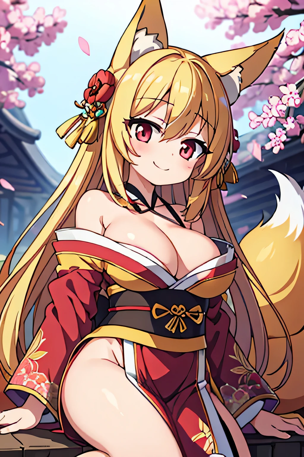 highest quality、Big Breasts、Cleavage、Fox ears、Long blonde、Red Eye、kimono、smile