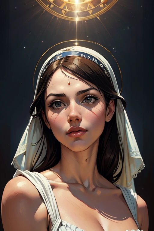 A beautiful ultra-thin realista portrait of the Virgin Mary, look branco com detalhes azuis, ((Divindade)), corpo todo, biblical, realista, detalhes intrincados, por Abbott Fuller Graves, Bartolomeu Esteban Murillo, Jc Leyendecker, Craig Mullins, Pedro Paulo Rubens, (Caravaggio), trend in artstation, 8k, arte conceitual, arte de fantasia, Photorealista, realista, illustration, oil painting, Surrealismo, Hyperrealista, escovas de escova, arte digital, estilo,  aquarela