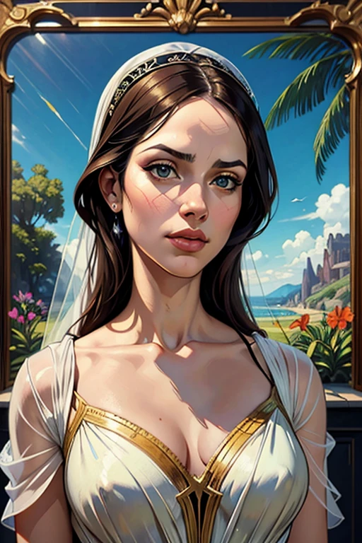 A beautiful ultra-thin realista portrait of the Virgin Mary, look branco com detalhes azuis, ((Divindade)), corpo todo, biblical, realista, detalhes intrincados, por Abbott Fuller Graves, Bartolomeu Esteban Murillo, Jc Leyendecker, Craig Mullins, Pedro Paulo Rubens, (Caravaggio), trend in artstation, 8k, arte conceitual, arte de fantasia, Photorealista, realista, illustration, oil painting, Surrealismo, Hyperrealista, escovas de escova, arte digital, estilo,  aquarela