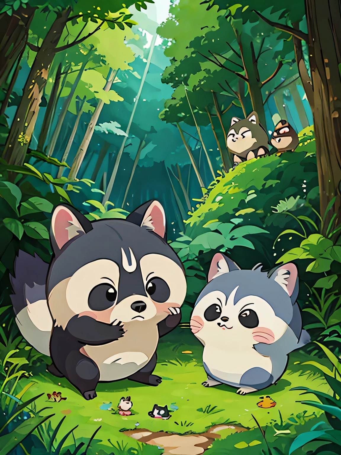 hayao miyazaki style, Kawaii Design, Chibi, playing together、Lots of cute raccoons、Playing with raccoon dogs、Totoro Forest