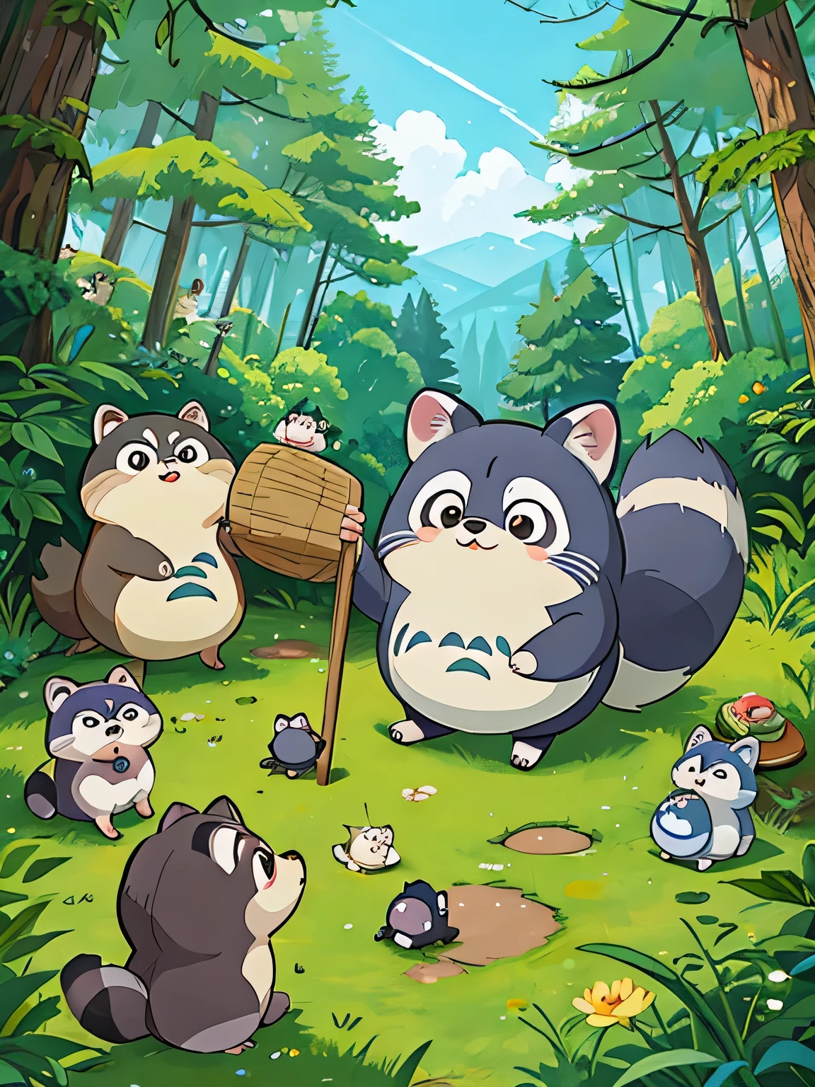 hayao miyazaki style, Kawaii Design, Chibi, playing together、Lots of cute raccoons、Playing with raccoon dogs、Totoro Forest