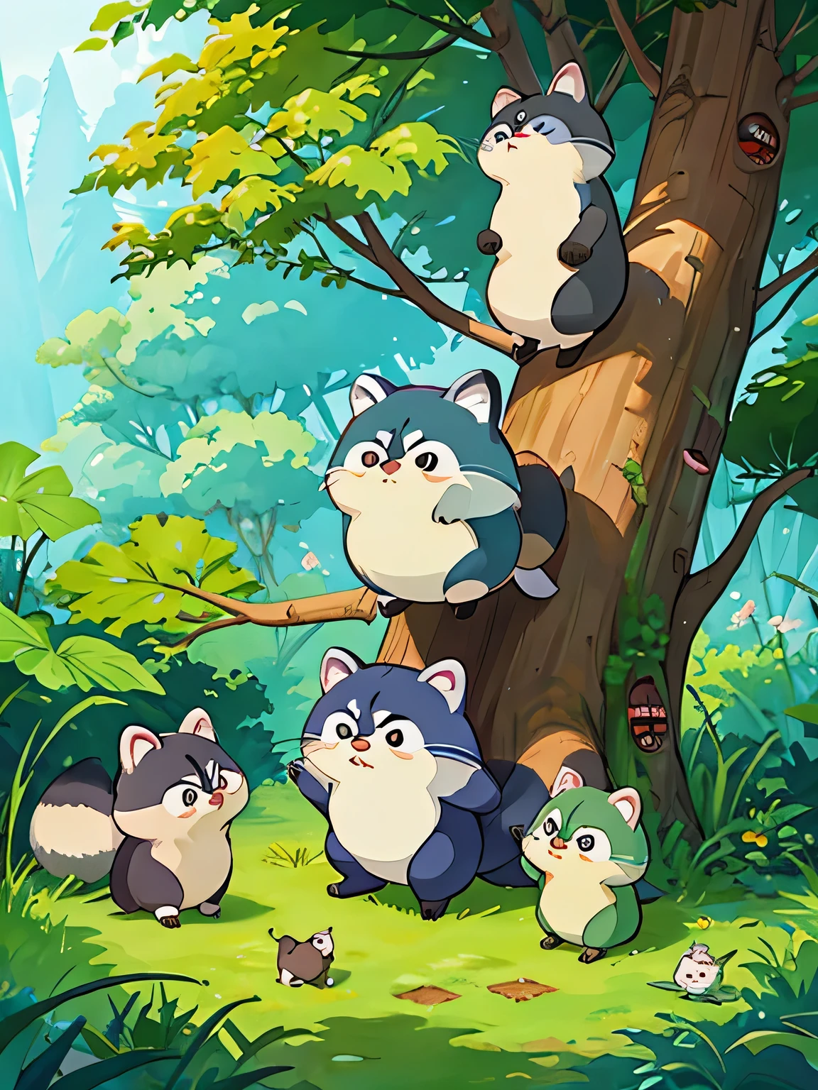 hayao miyazaki style, Kawaii Design, Chibi, playing together、Lots of cute raccoons、Playing with raccoon dogs、Totoro Forest