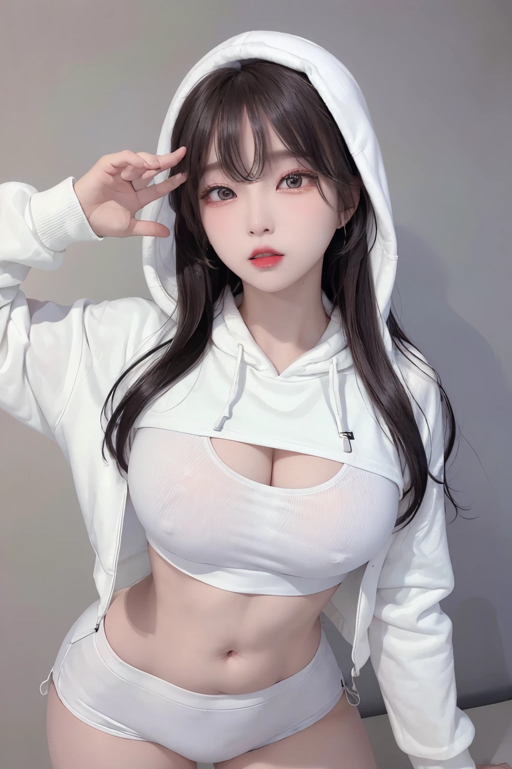high image quality、Raw photography、20-year-old Korean、big round chest、white Hoodie without front closed、Beautiful Eyes of Details、very elongated eyes、Beautiful eyelashes、Beautiful double eyelids、eyeshadows、耳Nipple Ring, (standing pose:1.5), wearing super tight boxers, crop top